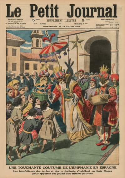 Una conmovedora costumbre de Epifanía en España, los benefactores de escuelas y orfanatos vestidos como Magos dando juguetes a niños pobres, ilustración de portada de 
